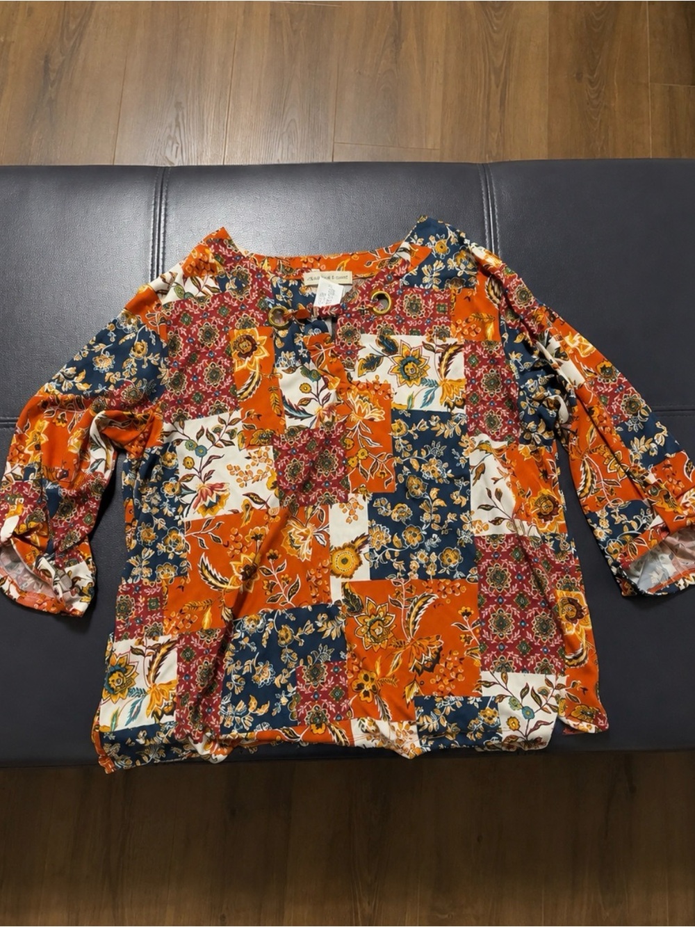 Patchwork Floral Blouse in Orange and Navy - Women's Casual Top